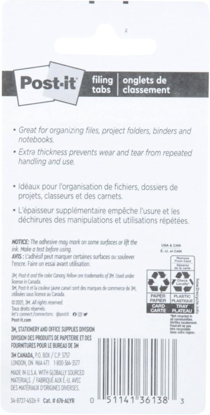 Post-it Tabs, 625 in Solid, Aqua, Lime, Yellow, Red, 10/Color, 40/Dispenser (676-ALYR) (Pack of 2)