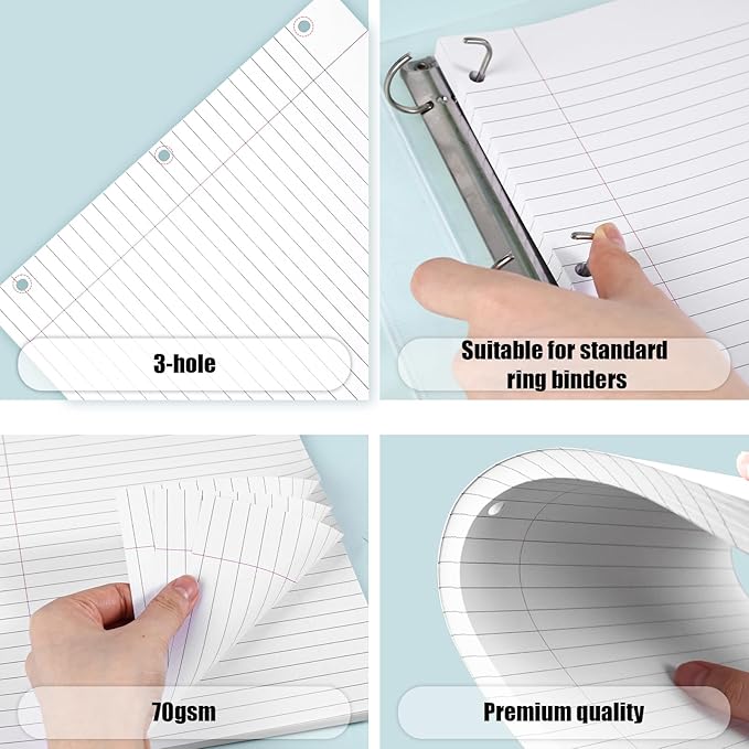 Koogel 100 Sheets Loose Leaf Paper, Wide Ruled Notebook Paper Bulk White Office Filler Paper 3-Ring Binders for School Office 8x10.5inch