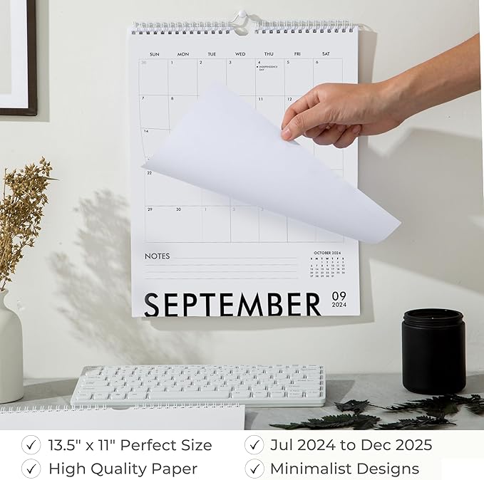 Modern Vertical Wall Calendar 2024-2025 - 18 Month Calendar July 2024 - December 2025, 11x13.5 Inches Sleek Black & White Design with Spiral Twin-Wire Binding