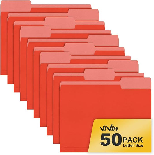 ViVin File Folder, 50 Pack Colored File Folders with 1/3-Cut Tabs, Fits 8.5 * 11 Letter Size Paper, Manilla Folders for Home Office School Documents(Red)