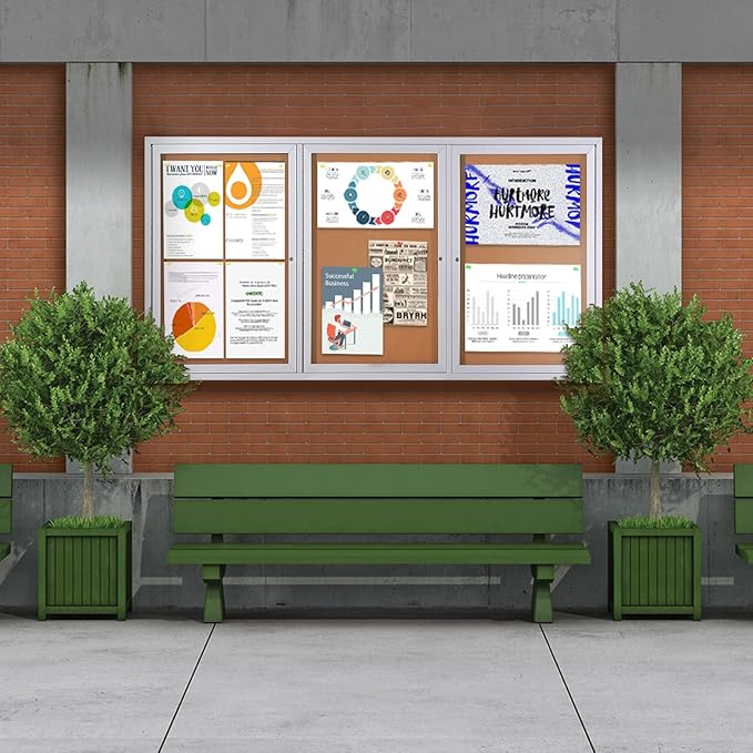 SWANCROWN Weather Resistant Enclosed Bulletin Board Cork Displays Case Wall Mounted Notice Cabinet with Three Lockable Doors, 70x36 inches