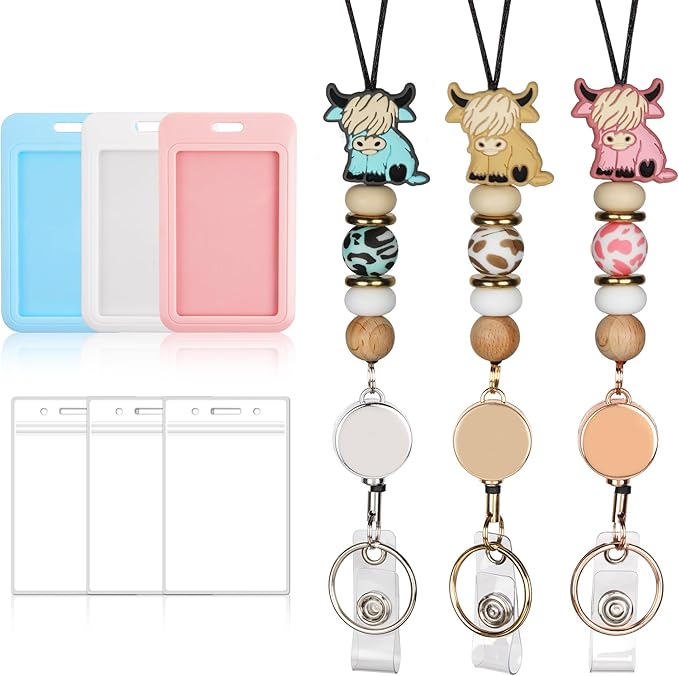 9 in 3 Sets Highland Cow Retractable Lanyard with ID Holder Breakaway Lanyard for Badge Reel Lanyard School Silicone Beaded Lanyard Cute