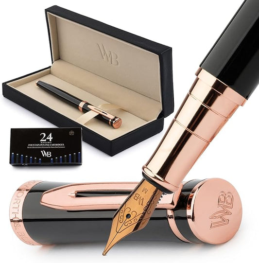Wordsworth & Black Fountain Pen Set, 18K Gilded Medium Nib, Includes 24 Pack Ink Cartridges, Ink Refill Converter & Gift Box, Gold Finish, Calligraphy, [Black Rose Gold], Perfect for Men & Women