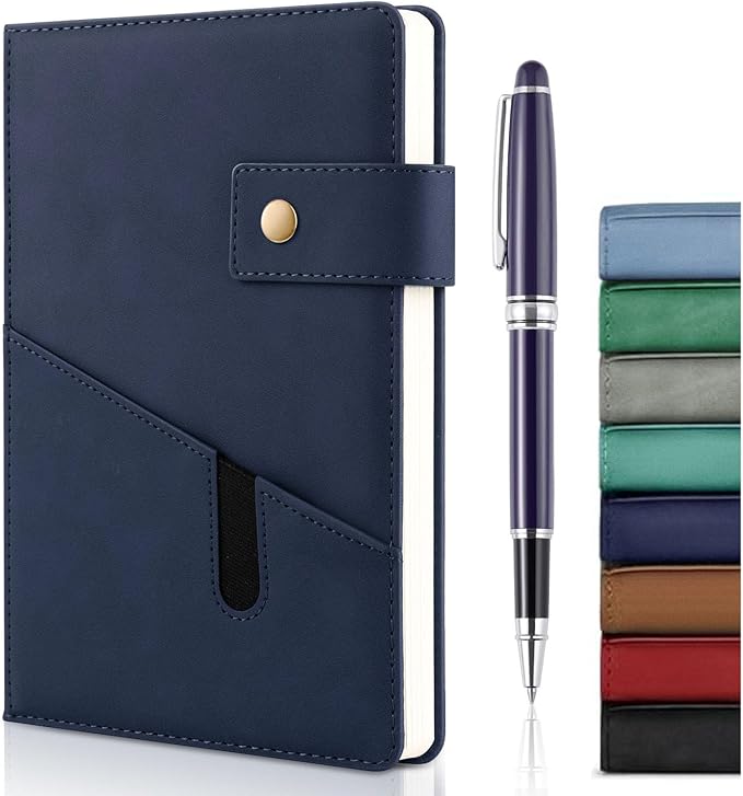 A5 Leather Journal Notebook with Pen, 200 Pages Hardcover Journal with Pocket, 100gsm Thick Lined Paper Daily Diary for Men and Women, Great Gift for Business School Travel Personal - Navy Blue