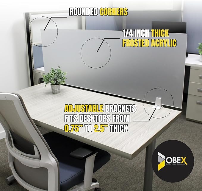 Obex Frosted Acrylic Desk Mounted Privacy Panel, 18", Aluminum