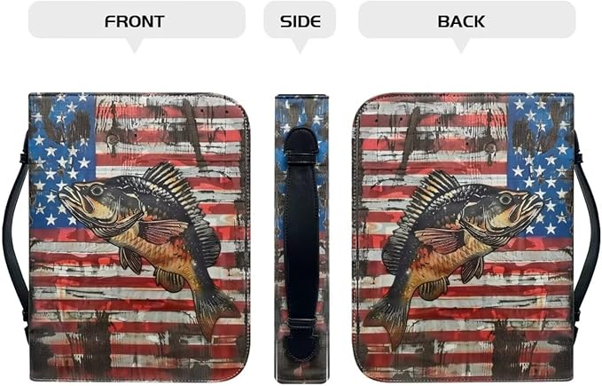Lotusorchid Bass Fish Print Bible Cover Case, Zippered Bible Carrying Case for Women Girls, American Flag Bible Tote Bag Sturdy Bible Book Cover for Bible Study, Christian Bible Accessories, M
