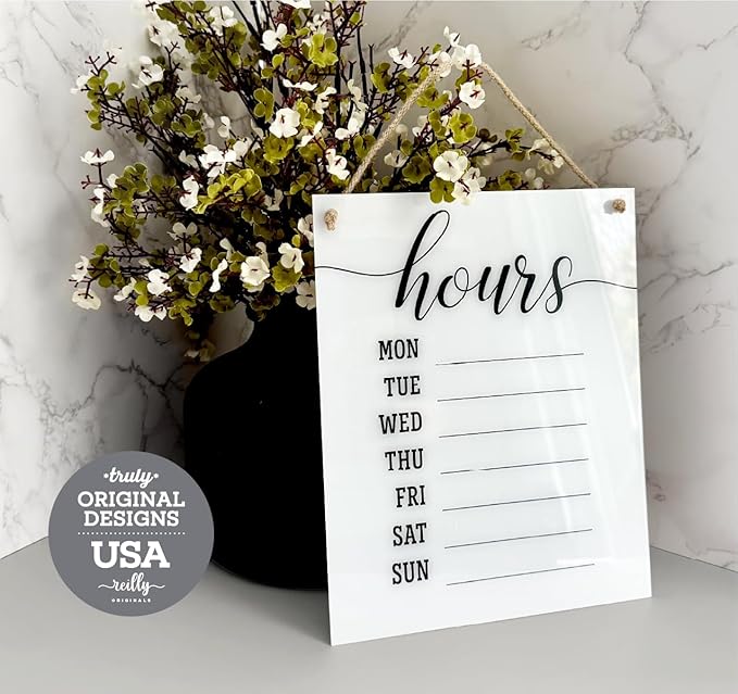 Reilly Originals Dry Erase Elegant Store Hours Sign with Rope ~ Marker NOT Included ~ 8x10 Inches