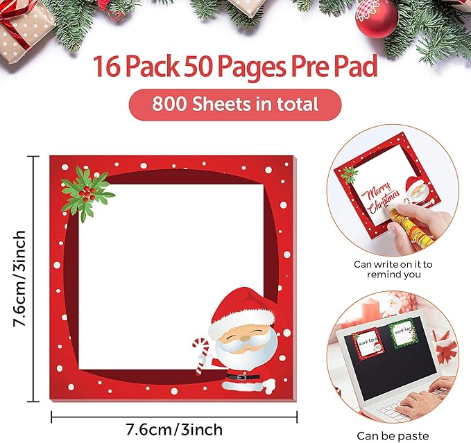 16 Pieces Christmas Sticky Notes Christmas Design Self-Adhesive Note Pads Christmas Sticky Memo Notes for School Office Home Supplies Students Teachers Present