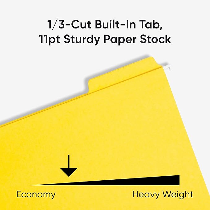 Smead FasTab Hanging File Folder, 1/3-Cut Built-in Tab, Letter Size, Yellow, 20 per Box (64097) (Pack of 1)