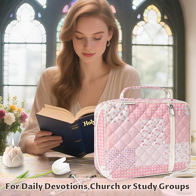 shirabags Quilted Bible Cover Case for Women - Elegant Cotton Bible Bag for Study, Church, Christian Gifts for Women(Pink Floral Patchwork, M)