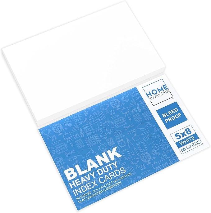 Home Advantage 5x8 Blank Index Cards - Our 50 Pack of Plain Index Cards Use Heavy Duty Cardstock to Make Them Bleed Proof - These Big Flash Cards Make Perfect Blank Note Cards & Blank Flashcards