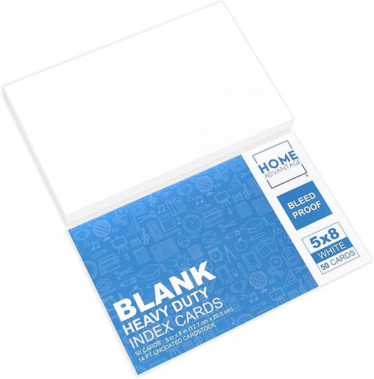 Home Advantage 5x8 Blank Index Cards - Our 50 Pack of Plain Index Cards Use Heavy Duty Cardstock to Make Them Bleed Proof - These Big Flash Cards Make Perfect Blank Note Cards & Blank Flashcards