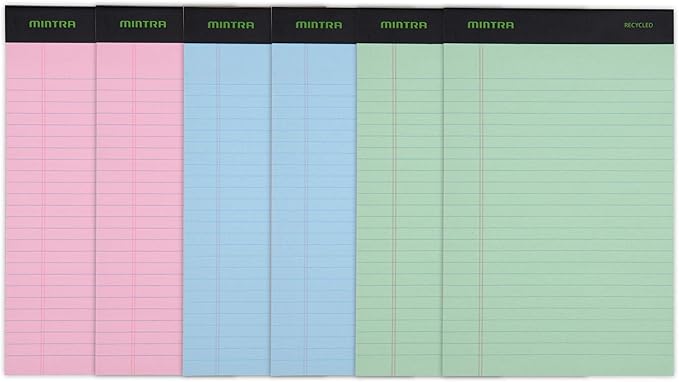 Mintra Office Recycled Writing Pads 6pk (Pastel, Junior (5in x 8in)) - 50 Sheets per Notepad, Micro perforated, Legal Pad, Notebook Paper for School, College, Office, Business