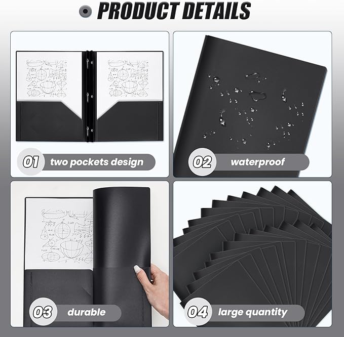 Yeaqee 60 Pcs Plastic Folders with Pockets and Prong Plastic Folders with 2 Pockets Pocket for Office, School for Students, Teachers, Office Workers (Black)