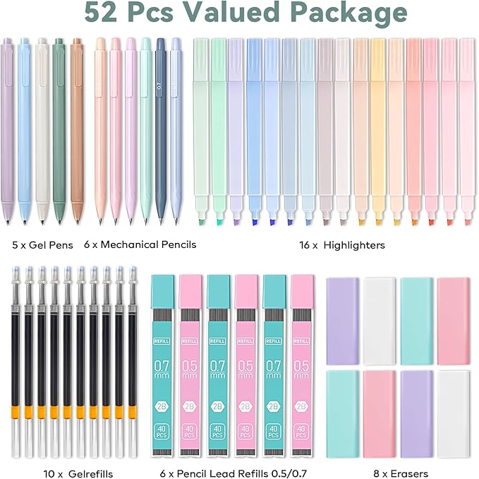 52 PCS Aesthetic School Supplies with Cute Pencil Case, Stationery Essentials with Pens Pencils and Pastel Highlighters Set, College Back to School Supplies for Teen Girls, Office Supplies - Blue