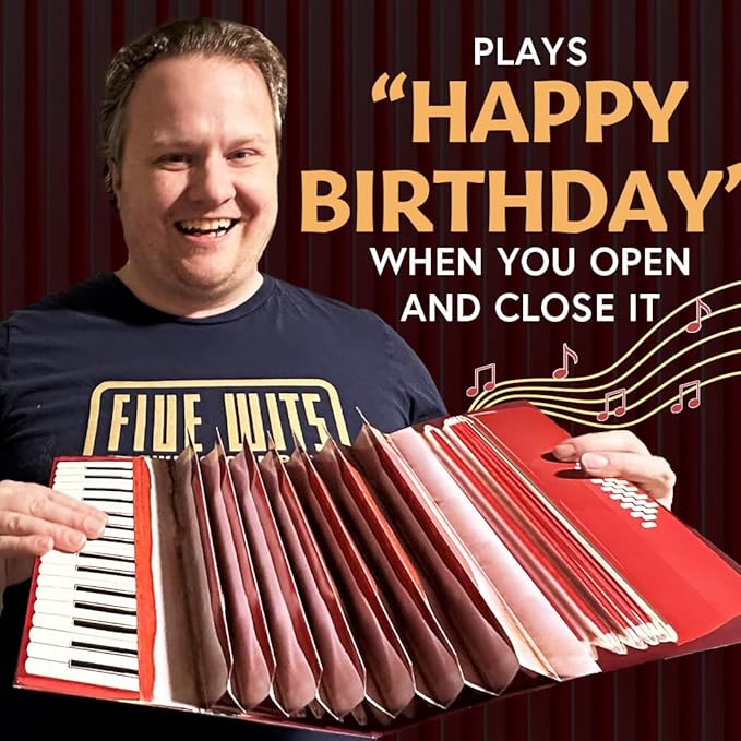 Interactive Accordion Birthday Card – Musical Birthday Cards for Men, Music Present for Men, Musicians & Son, Happy Birthday Card for Men, Musicians Gift, Open/Close to Play Song (Red - XL)