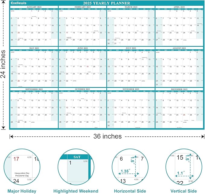 24" x 36" Exellewis 2025 Wall Calendar Erasable, Wet & Dry Erase Large Laminated Annual Yearly Planner - 12 Month Horizontal Vertical Calendar January to December for Easy Planning, Organizing