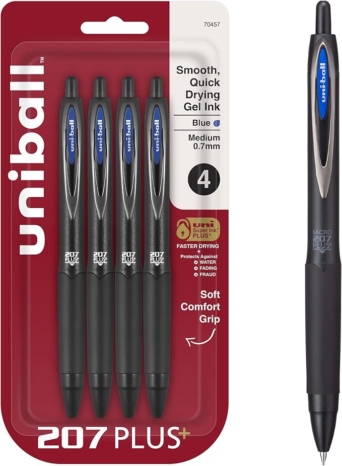 Uniball Signo 207+ Gel Pen 4 Pack, 0.7mm Medium Blue Pens, Gel Ink Pens | Office Supplies Sold by Uniball are Pens, Ballpoint Pen, Colored Pens, Gel Pens, Fine Point, Smooth Writing Pens