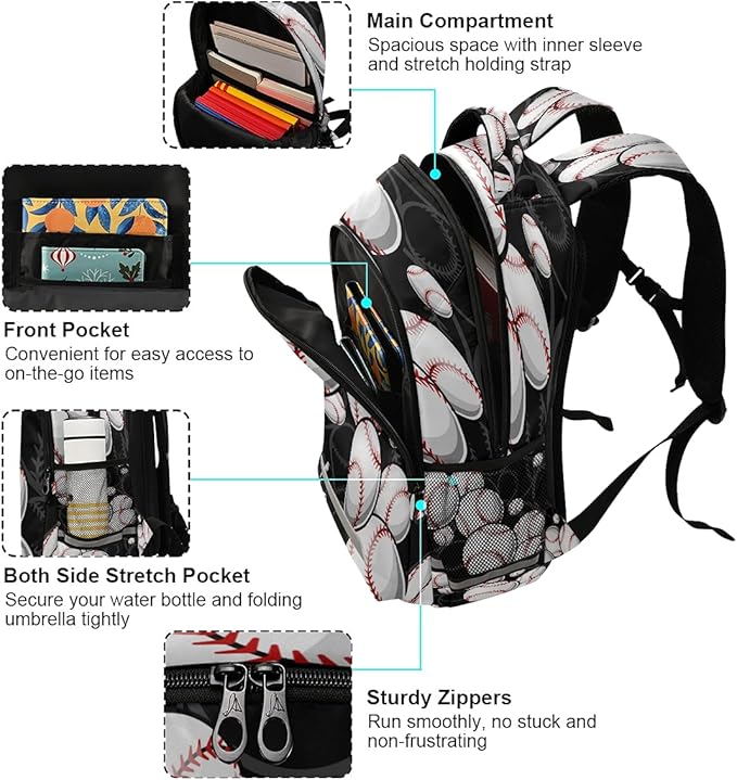 AUUXVA Sport Ball Baseball Theme Backpack School Bookbag Laptop Purse Casual Daypack for Teen Girls Women Boys Men College Travel