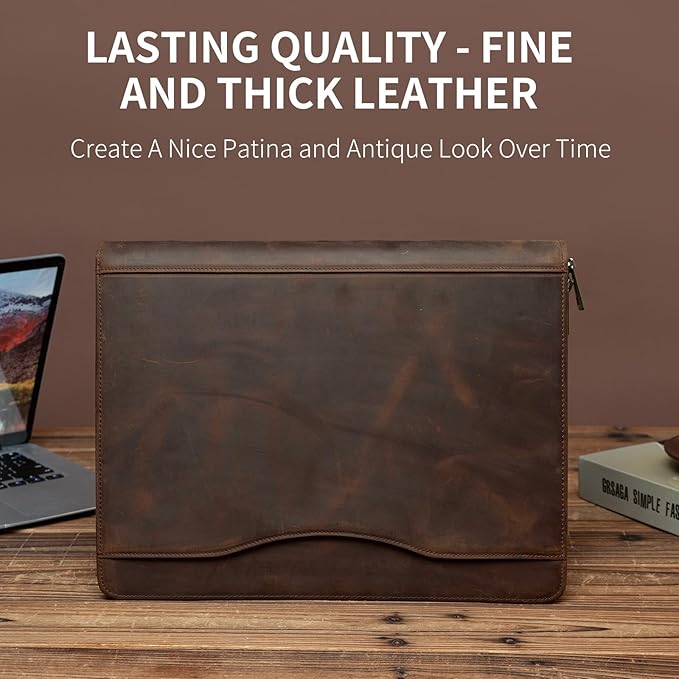 YIWEN Handmade Crazy-Horse Leather 3 Ring Binder Portfolio Padfolio Folder with Zipper for Men and Women, Business Organizer for Letter A4 Size for Meeting and Travel (Custom Engraved, Dark Khaki)