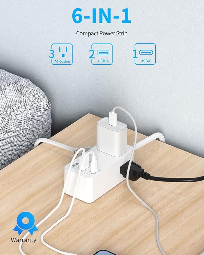 Small Flat Plug Power Strip, Extension Cord with 3 USB Wall Charger(1 USB C), 3 Outlets Mini Charging Station, 5 FT Flat Plug for Cruise Travel Office School Dorm Room Essentials