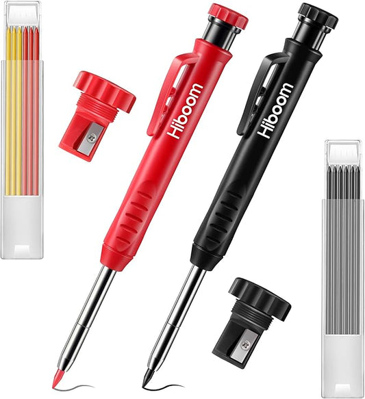 Hiboom 2 Pack Solid Carpenter Pencil with 14 Refill, Long Nosed Deep Hole Mechanical Pencil Marker with Built-in Sharpener for Carpenter Woodworking Architect with Design Patent (Black, Red)