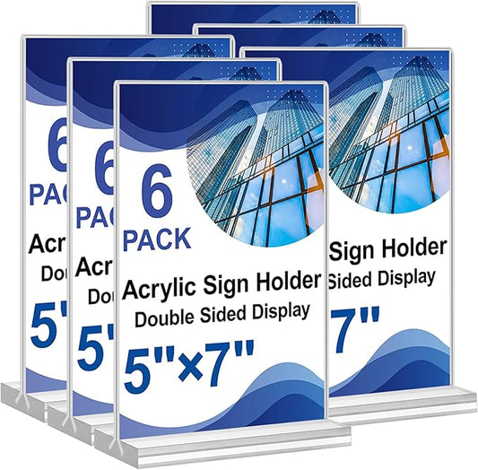 Acrylic Sign Holder 5x7,6 Pack Clear Plastic Table Display Vertical Double-Sided Desktop Display Stand Paper Holder Clear Table Sign Holder for Menu ad Frame Suitable Restaurants Meeting Office Store