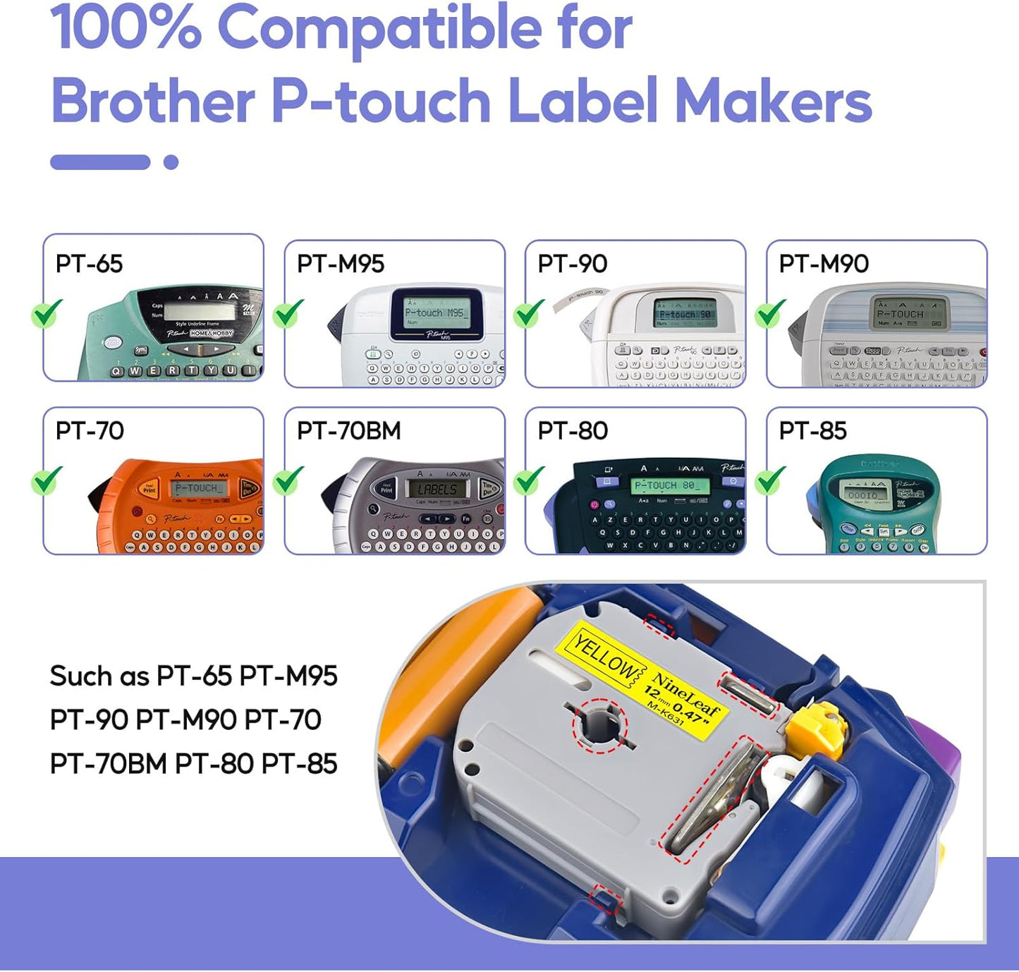 NineLeaf 4 Pack Compatible for Brother P-Touch M Tape M-K631 M-K631S MK631 M631 12mm 0.47'' Black on Yellow Label Tape for PT-70BBVP PT-70BMH PT-70HK PT-70HOL PT-70HOT Label Maker