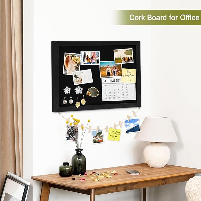 Double-Sided Black Cork Board with Linen, 36" x 24" Hanging Wood Framed Large Bulletin Board, Picture Display Vision Board Kit Corkboards for Wall Room School Office Decor, 20 Pushpins