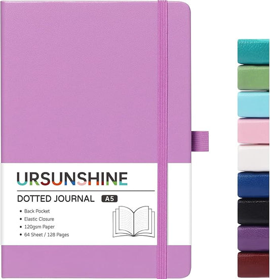 Dotted Journal/Notebook - Dot Grid Hard Cover Notebook, Premium Thick Paper with Fine Inner Pocket, Black Smooth Faux Leather, Pen Loop, 5.3'' x 8.26'' - Macaron Purple