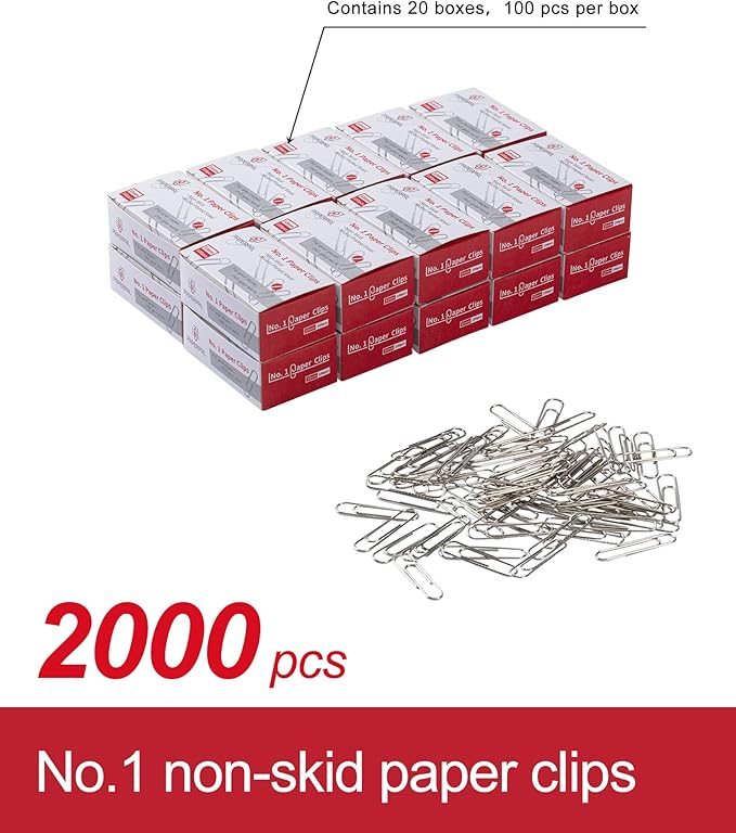 PAPERPAL #1 Nonskid Paper Clips, 2000 Medium Paper Clips (20 Boxes of 100 Each), Bulk Paperclips for Office School & Personal Use, Daily DIY, 1-2/7" Silver Heavy Duty Non-Skid Paper Clip Standard Size