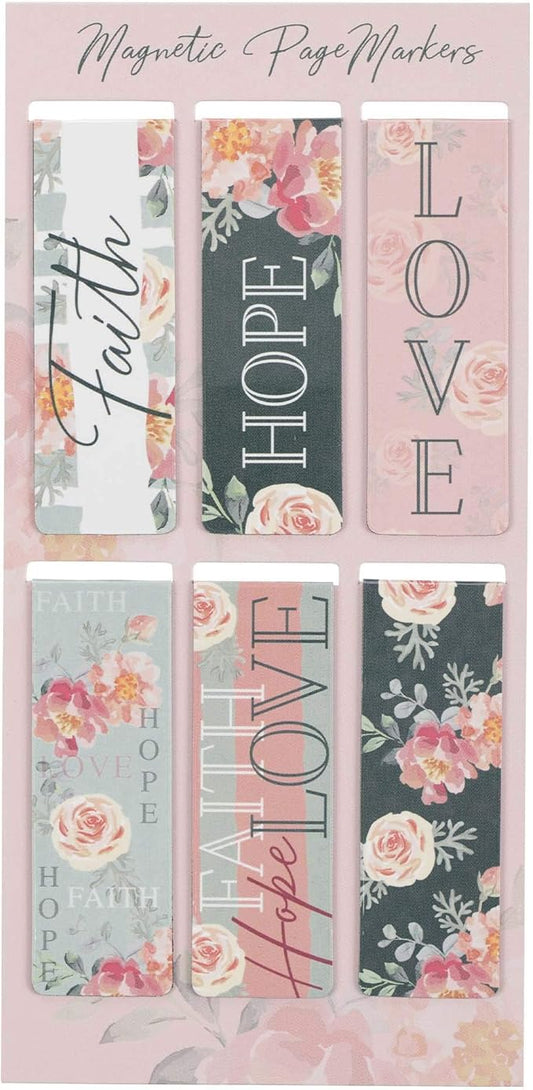 Christian Art Gifts Magnetic Scripture Bookmark Set for Men and Women: Faith, Hope, Love - 1 Corinthians 13:13 Inspirational Pink Rose Themed Magnetic Pagemarkers Set of 6 for Bibles, Size 2.3" x 0.8"