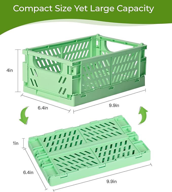 2-Pack Small Pastel Plastic Storage Baskets, Collapsible Crates for Organizing, Space-Saving Mini Bins for Classroom, Kitchen, Office, Bedroom (Green, 9.8" x 6.5" x 3.8")