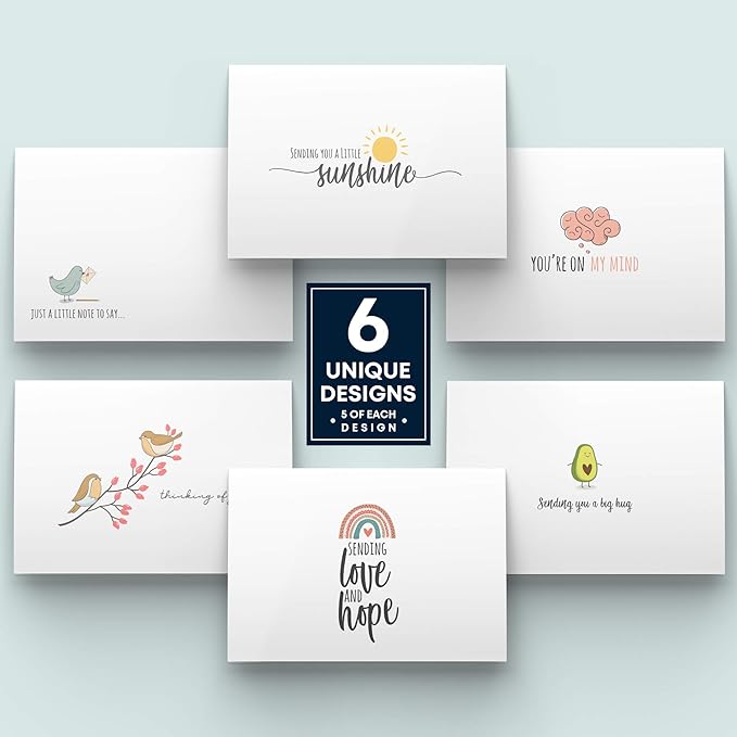 Dessie 30 Fun Thinking of You Cards With Envelopes. 30 4x6 Inch Note Cards With Envelopes Set - Blank Inside. 6 Unique Designs. Assorted Color Envelopes and Gold Seals. Sturdy Storage Box