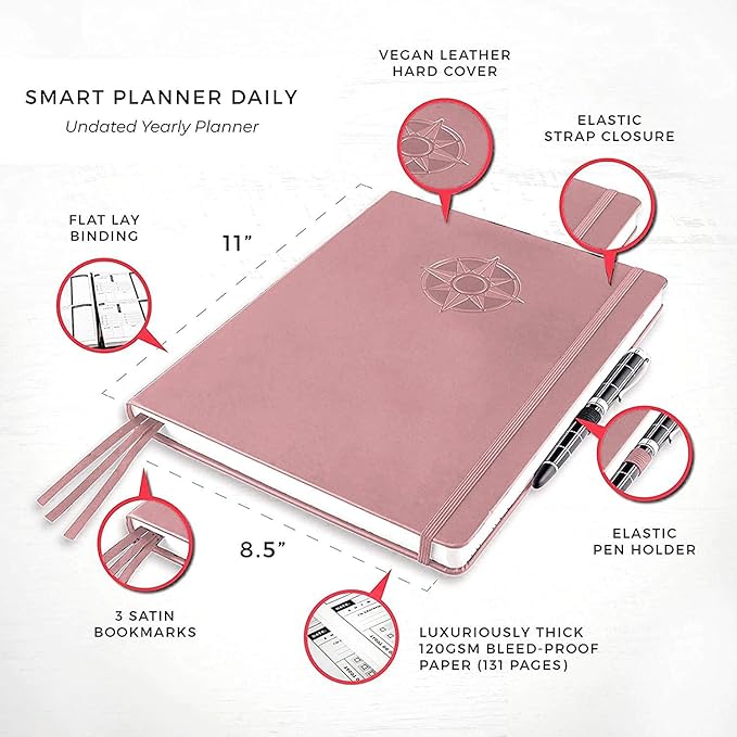 Smart Daily Planner - Achieve Goals & Increase Productivity, Time Management & Happiness - Weekly Monthly Day Planner with Gratitude Journal, Hardcover, Undated Business Planner