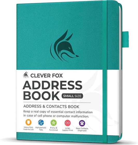 Clever Fox Address Book with alphabetic tabs - PU Leather Telephone and Address Book for Keeping Contacts Safe, Contact Organizer Journal, Small Size (4.0″ x 5.5″), Hardcover, Turquoise