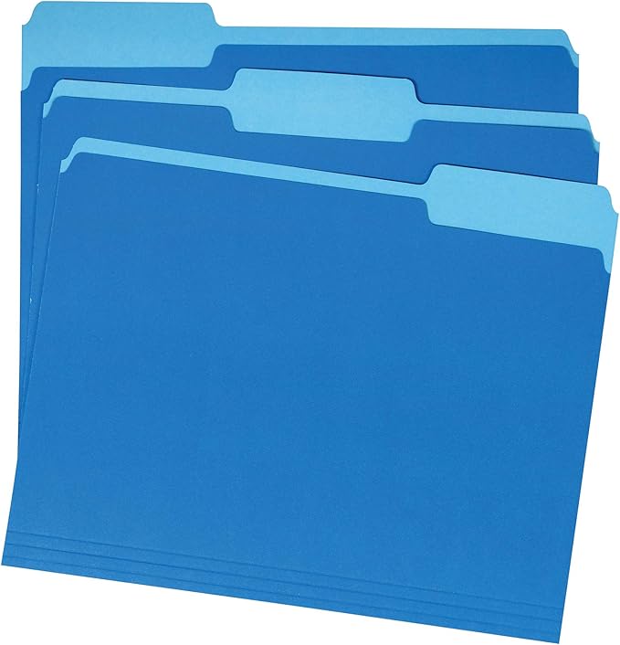 Amazon Basics File Folders with Tabs for Organizing and Filing, Letter Size, 1/3 Cut Tab, 36-Pack, Blue