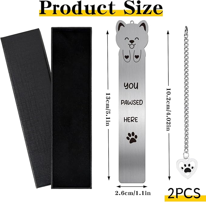 Cute Dog Metal Bookmark - 2 PCs You Pawsed Here Bookmarks for Kids Teens Dog Lovers Gifts Funny Book Marks Pendant Box for Reading Reader Boys Girls School Christmas Thanksgiving Birthday