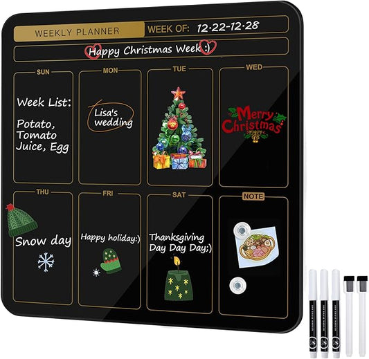SELEAD Magnetic Glass Planning Board for Small Apartment - 18”x18” Dry Erase Whiteboard Weekly Planner Wall Calendar, Message Memo TODO Board for Home Kitchen, Black&Gold