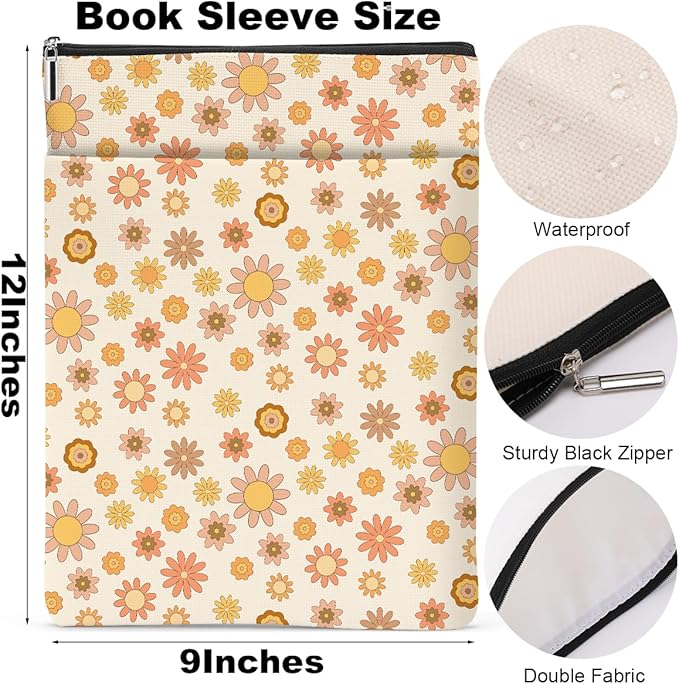 Retro Floral Pattern Book Lovers Gifts Waterproof Book Sleeve Book Pouch Book Protector with Zipper and Front Pocket BookCover Case for Women Girl Best Friend Sister Book Accessories Book Club Gifts