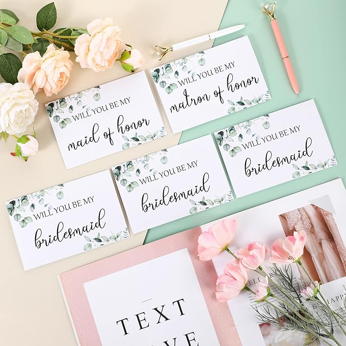 Spakon 16 Pcs Will You Be My Bridesmaid Cards with Envelopes Watercolor Greenery Floral Bridal Proposal Maid of Honor Matron of Honor Invited Favor for Bridal Shower Wedding (Eucalyptus)