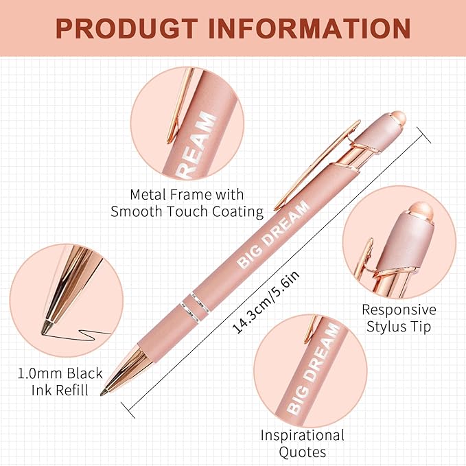 Stylus Pens for Touch Screens, 12 Pack Rose Gold Inspirational Pens, 1.0mm Medium Point BallPoint Pens, Cute Pens Nurse Gifts Office Supplies for Women (Motivational, 12 Pcs Rose Gold)