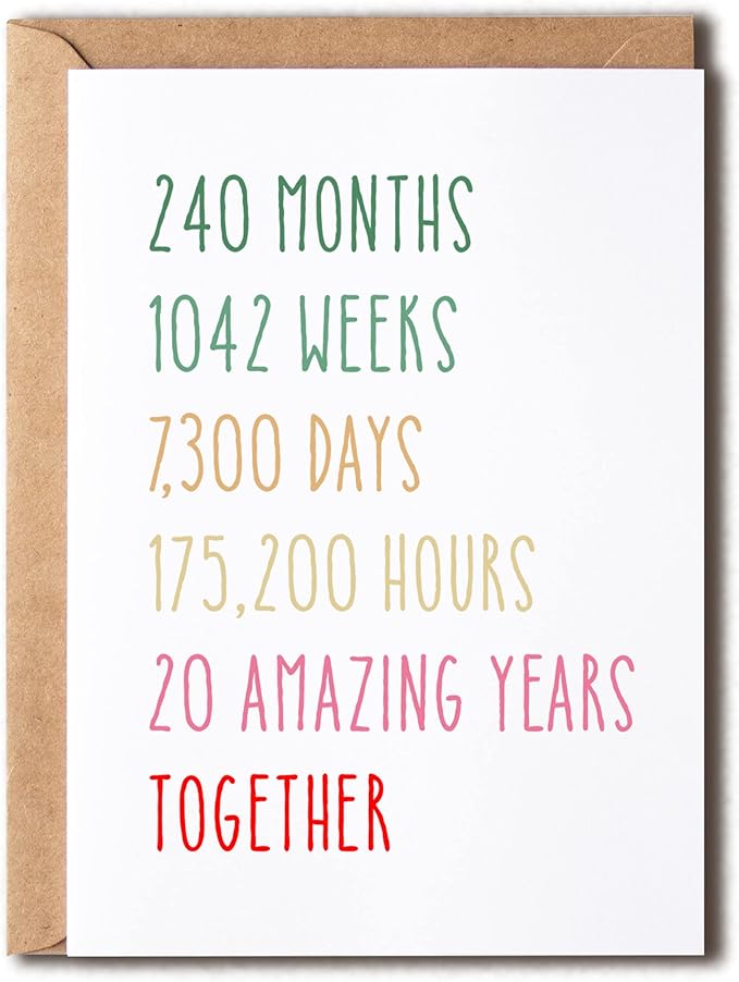 20Th Anniversary Card - Funny 20 Years Wedding Anniversary Card - Tenth Anniversary Card For Him Her - Gift Perfect For Husband Wife, 5 x 7 inches