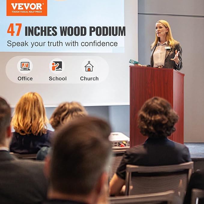 VEVOR Podium Stand, 47 inch Hostess Stand with 4 Rolling Wheels, Wood Podium with Storage Shelves and Slant Desktop, Lecterns & Podiums for Home, Office, School, Church, Brown