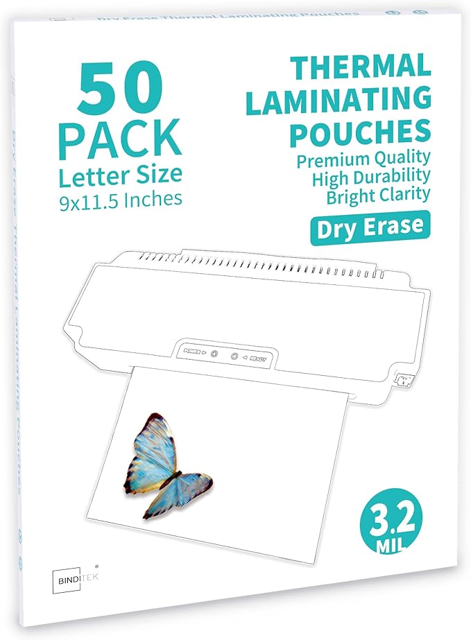 Binditek 50 Pack 3.2 Mil Dry Erase Thermal Laminating Pouches, Works with Dry Erase Markers, for Letter Size, Heat Seal, Clear Professional Finish, School Office Supplies