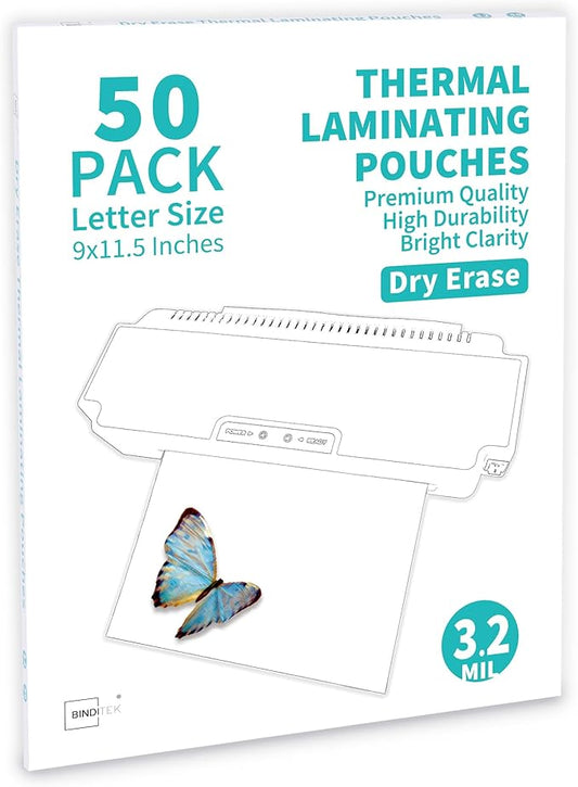 Binditek 50 Pack 3.2 Mil Dry Erase Thermal Laminating Pouches, Works with Dry Erase Markers, for Letter Size, Heat Seal, Clear Professional Finish, School Office Supplies
