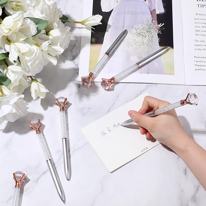 Sherr 100 Pack Big Crystal Diamond Pens Cute Ballpoint Pens Retractable Ballpoint Rhinestones Crystal Bling Gem Plated Black Gel Ink Office Supplies Gifts for Women(Silver,Wedding Style)