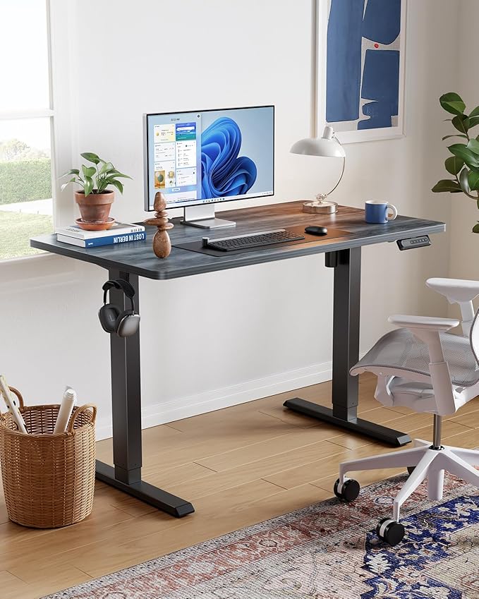 HUANUO 63" x 28" Electric Standing Desk Adjustable Height, 4 Memory Height Settings, Headphone Hook, Cable Manager, Sit Stand Up Desk for Home Office & Computer Workstation, Grey
