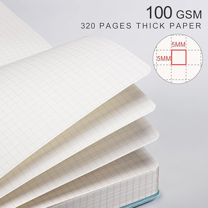 EMSHOI Graph Paper Notebook - 320 Pages, A5 Hardcover Leather, 100gsm Thick Paper, Square Grid Notebook for Women Men Work School Math Writing, Graphing, Engineering, 5.75 x 8.38, GrayBlue