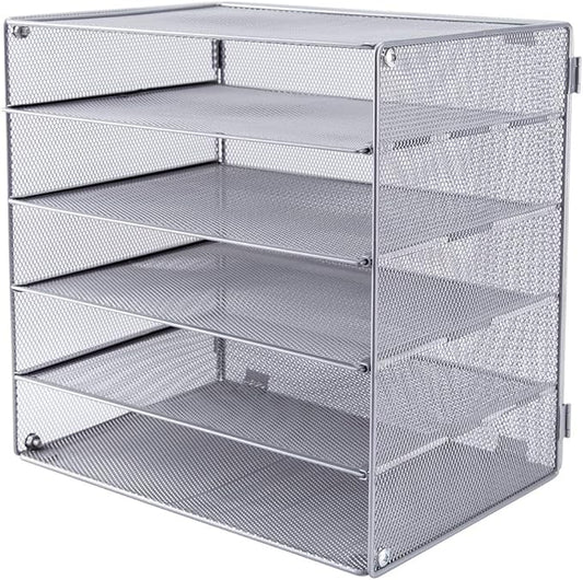 EASEPRES 5 Slot Mesh Desk Organizer Tray, File Paper Letter Folder Holder Desktop Paper Sorter Mail Organization Rack Storage Accessories, for Office Home School Classroom, Silver